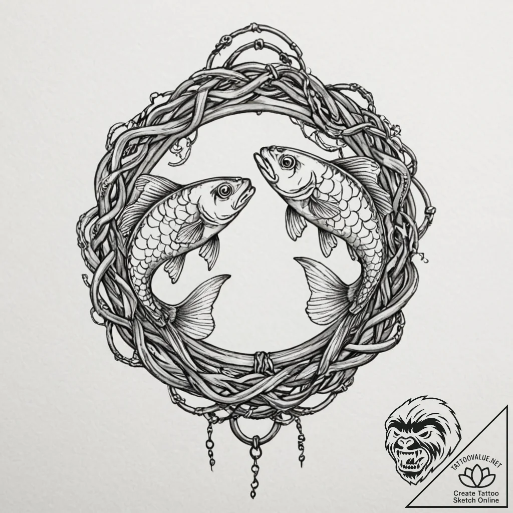 Tattoo design pisces fish, intertwined with c... - tattoo sketch (№1752975381_0, 20.07.2025 01:36) — tattoovalue.net