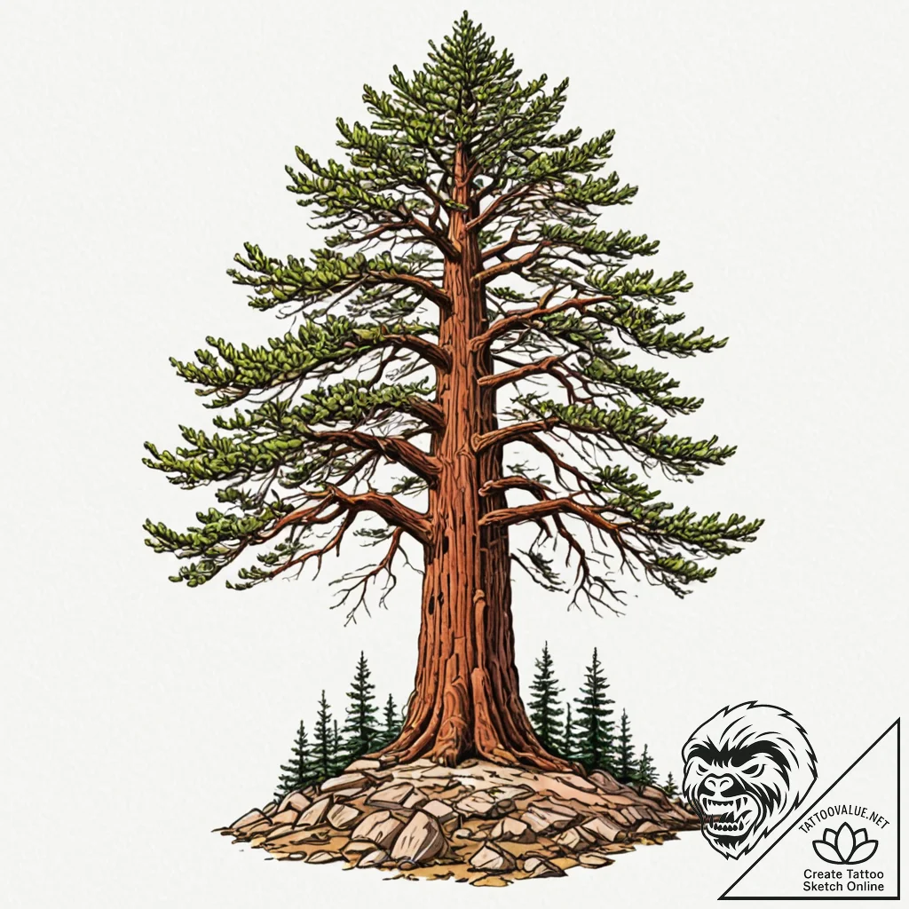 A low-angle shot of a massive redwood tree, e... - tattoo sketch (№1752976415_0, 20.07.2025 01:53) — tattoovalue.net