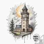A neo-traditional design of the clock tower,… – tattoo sketch (№1752977993_0, 20.07.2025 02:19) — tattoovalue.net