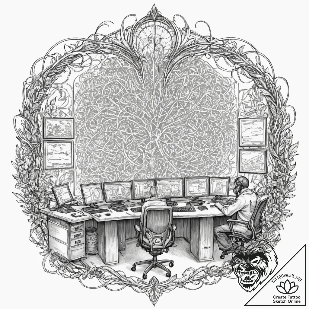 A modern, high-tech command center with multi... - tattoo sketch (№1752978331_0, 20.07.2025 02:25) — tattoovalue.net