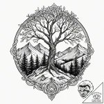 Tattoo design a mountain range with a lone tr… – tattoo sketch (№1752978920_0, 20.07.2025 02:35) — tattoovalue.net