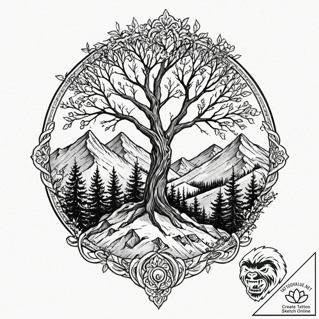 Tattoo design a mountain range with a lone tr... - tattoo sketch (№1752978920_0, 20.07.2025 02:35) — tattoovalue.net