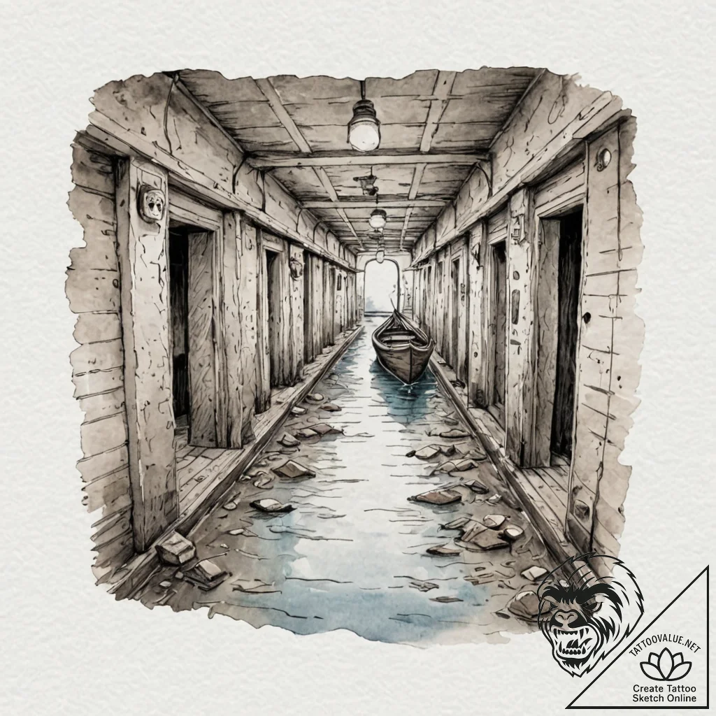 The abandoned, flooded hallways of a sunken s... - tattoo sketch (№1752979255_0, 20.07.2025 02:40) — tattoovalue.net