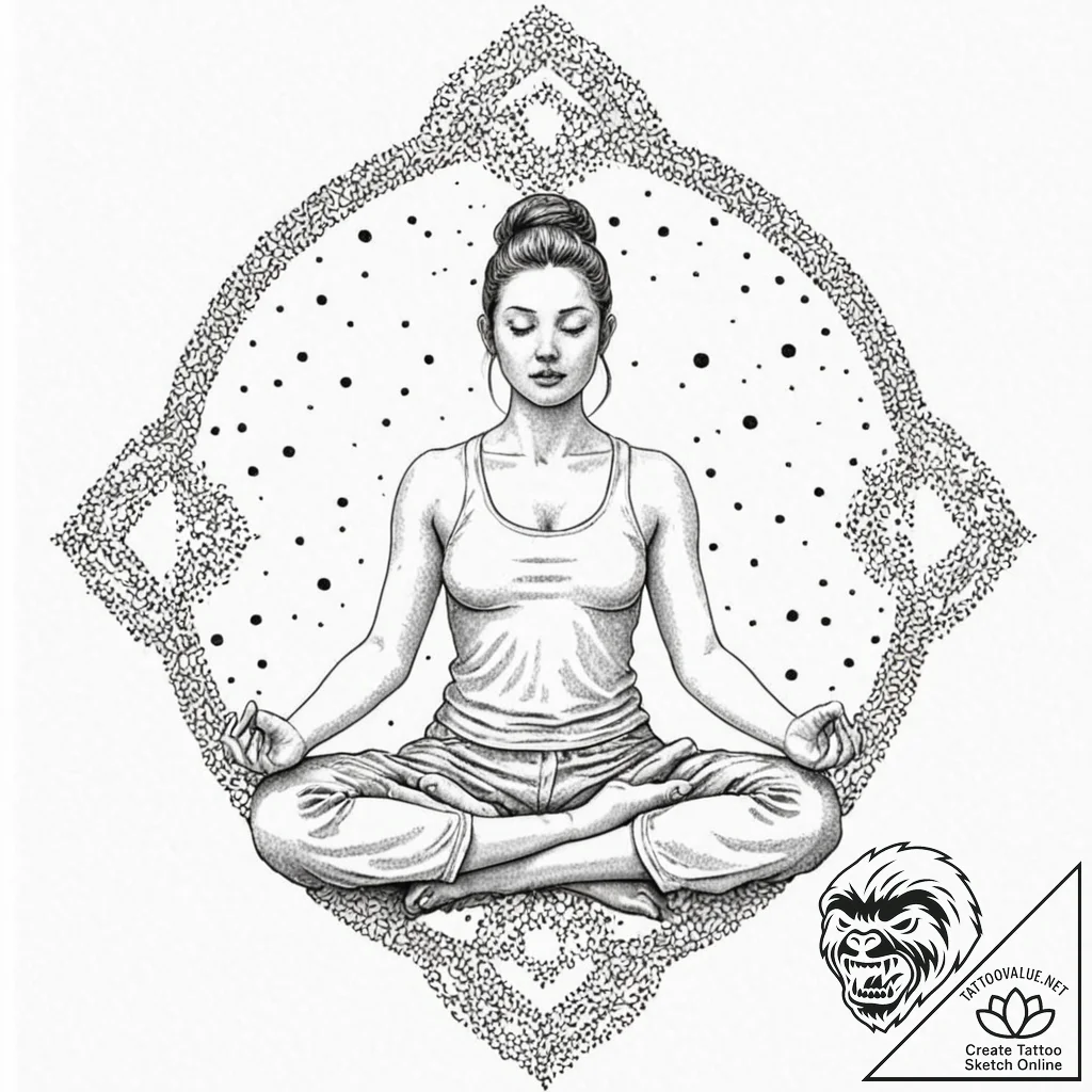 A person meditating in a silent, snowy landsc... - tattoo sketch (№1752981279_0, 20.07.2025 03:14) — tattoovalue.net