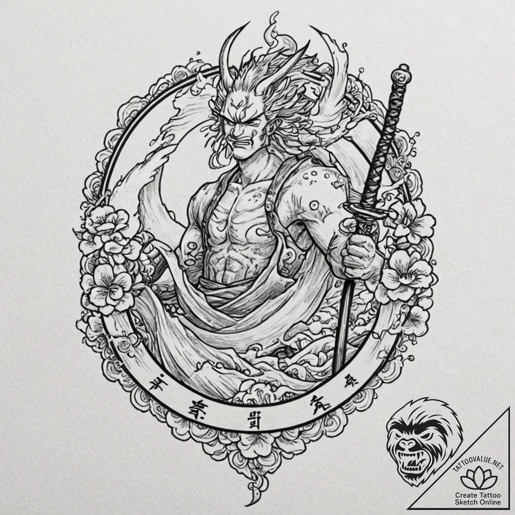 A sketch of roronoa zoro from one piece, with... - tattoo sketch (№1752982547_0, 20.07.2025 03:35) — tattoovalue.net