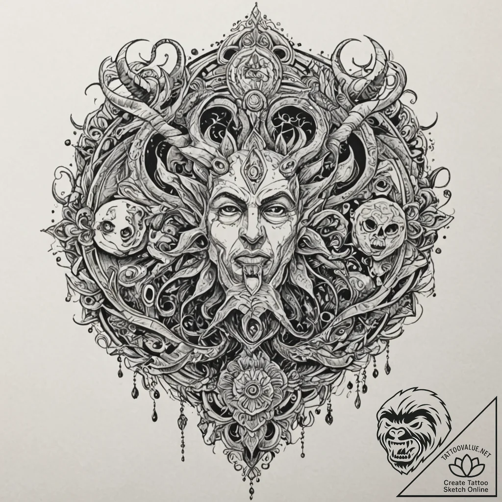 A trash polka composition of the old gods vs.... - tattoo sketch (№1752983981_0, 20.07.2025 03:59) — tattoovalue.net