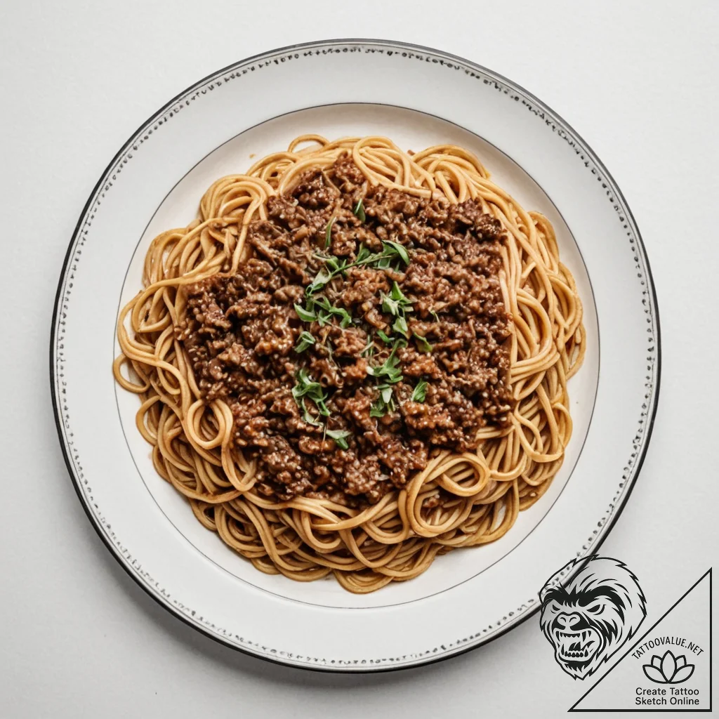 A messy, half-eaten plate of spaghetti bologn... - tattoo sketch (№1752984570_0, 20.07.2025 04:09) — tattoovalue.net
