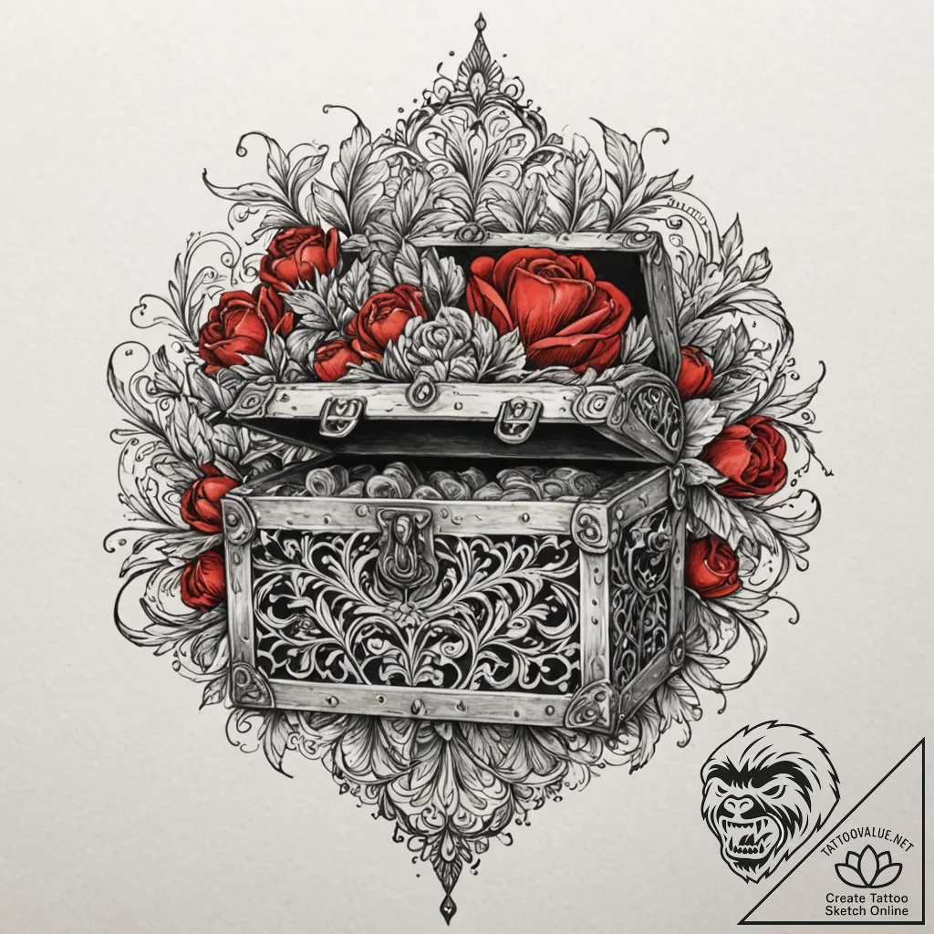 Tattoo sketch a stylized "epic loot" chest ov... - tattoo sketch (№1752984739_0, 20.07.2025 04:12) — tattoovalue.net