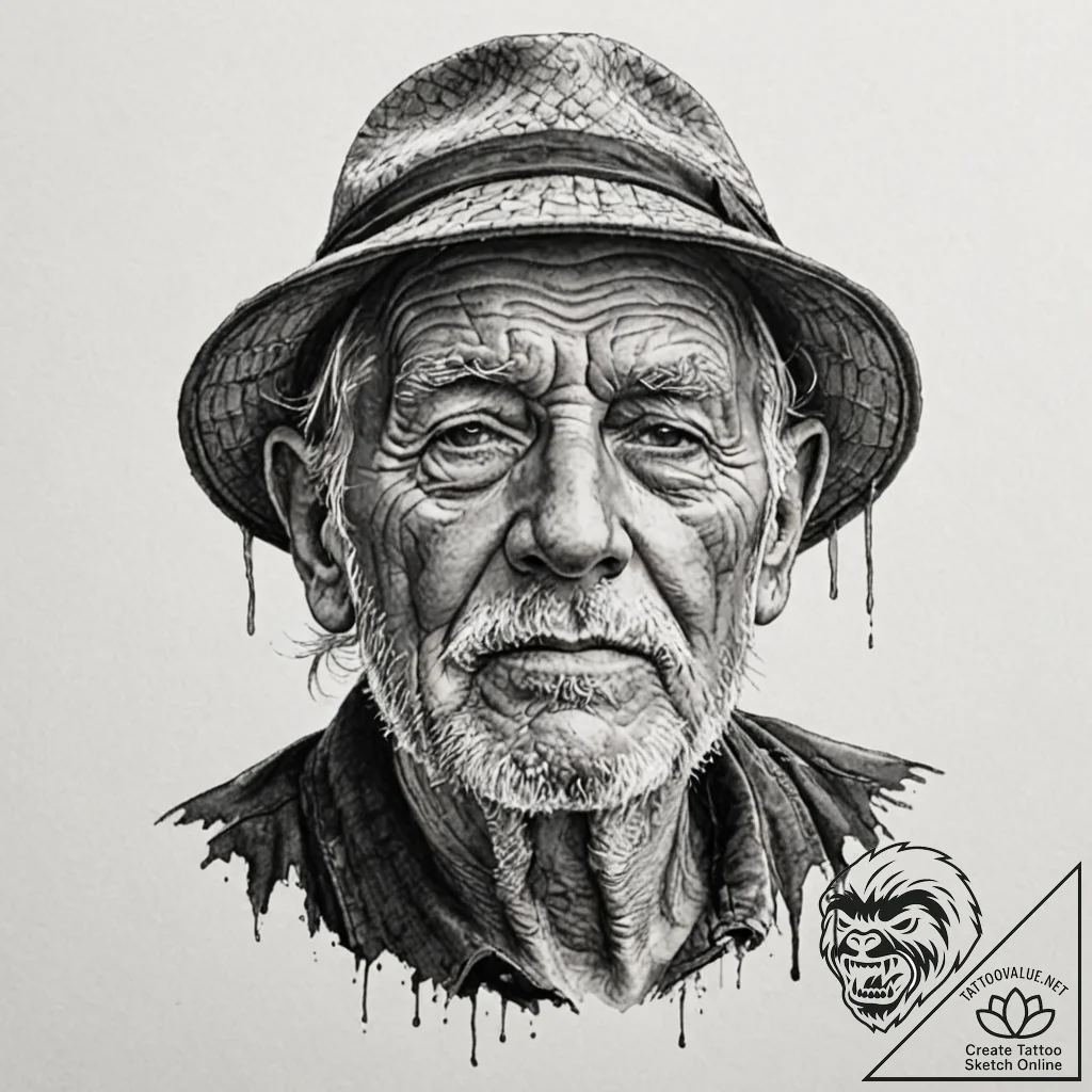 A hyperrealistic portrait of an elderly fishe... - tattoo sketch (№1752986092_0, 20.07.2025 04:34) — tattoovalue.net