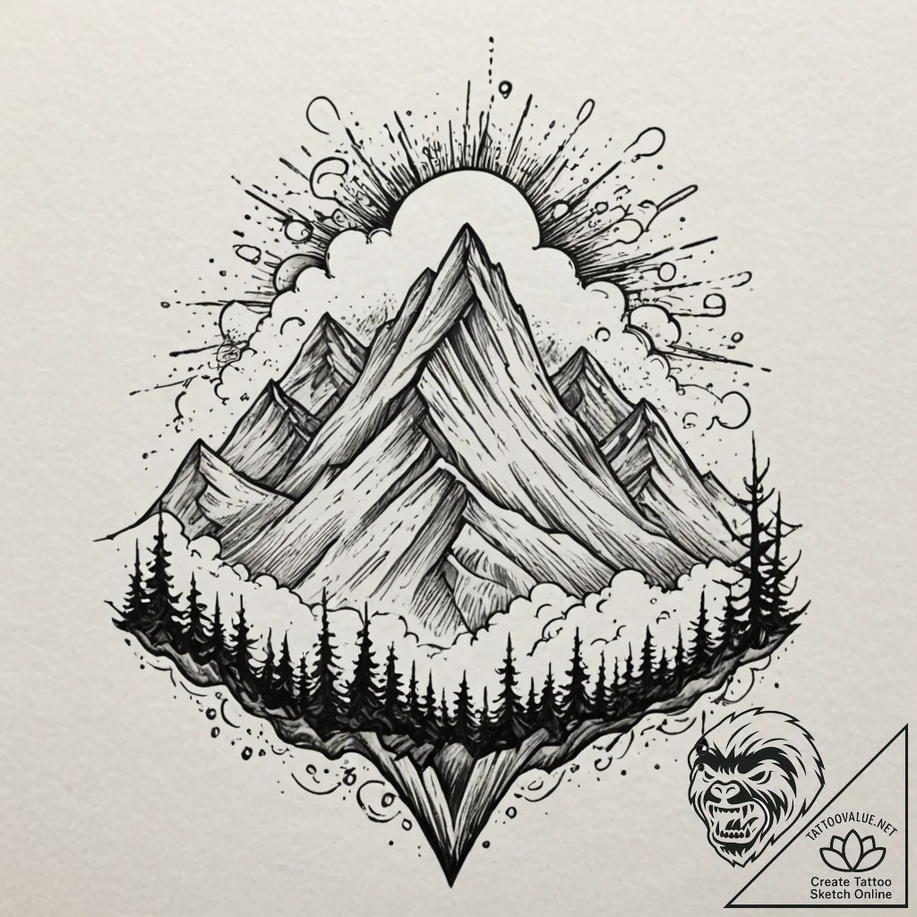 A majestic, snow-capped mountain peak breakin... - tattoo sketch (№1752987104_0, 20.07.2025 04:51) — tattoovalue.net