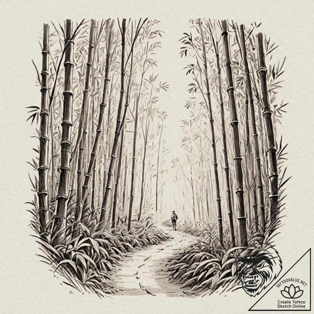 A path winding through a dense bamboo forest,... - tattoo sketch (№1752988032_0, 20.07.2025 05:07) — tattoovalue.net