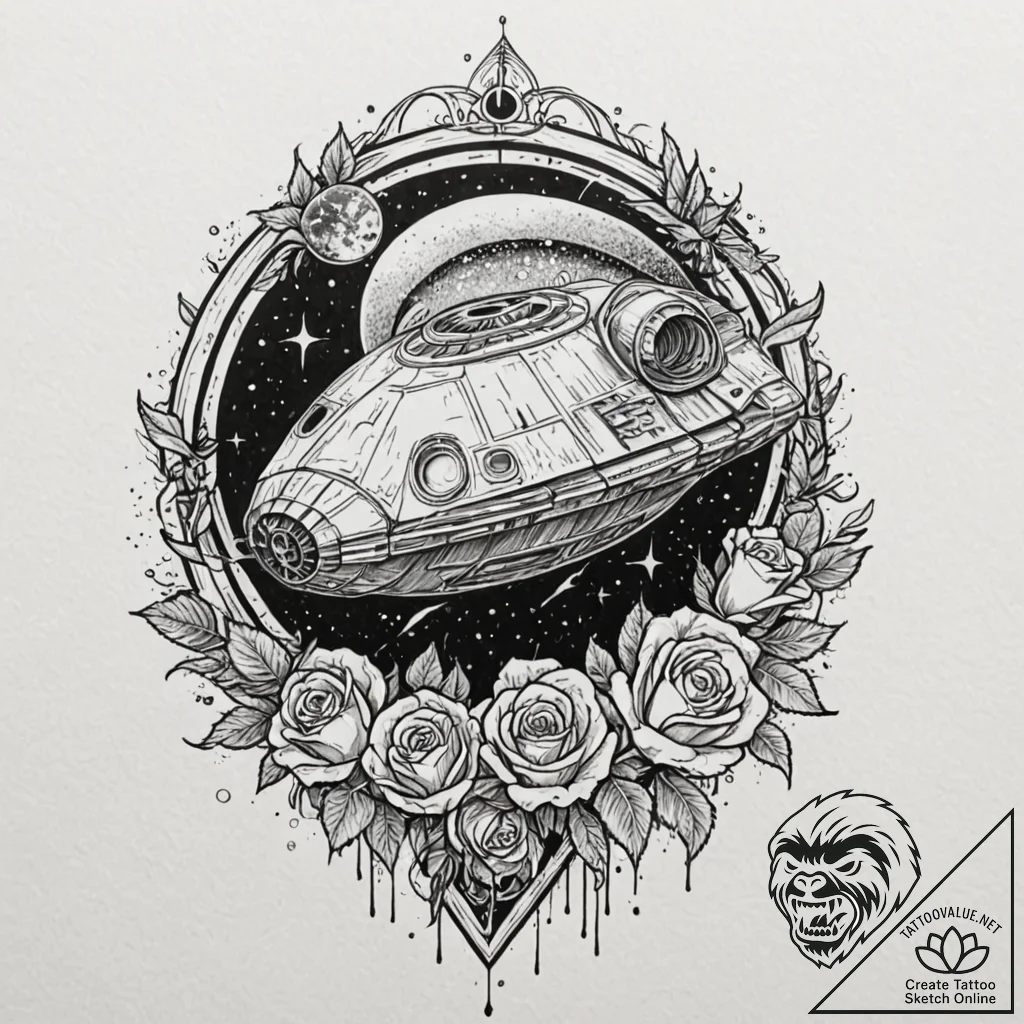 Trash polka tattoo of the millennium falcon e... - tattoo sketch (№1752988199_0, 20.07.2025 05:09) — tattoovalue.net