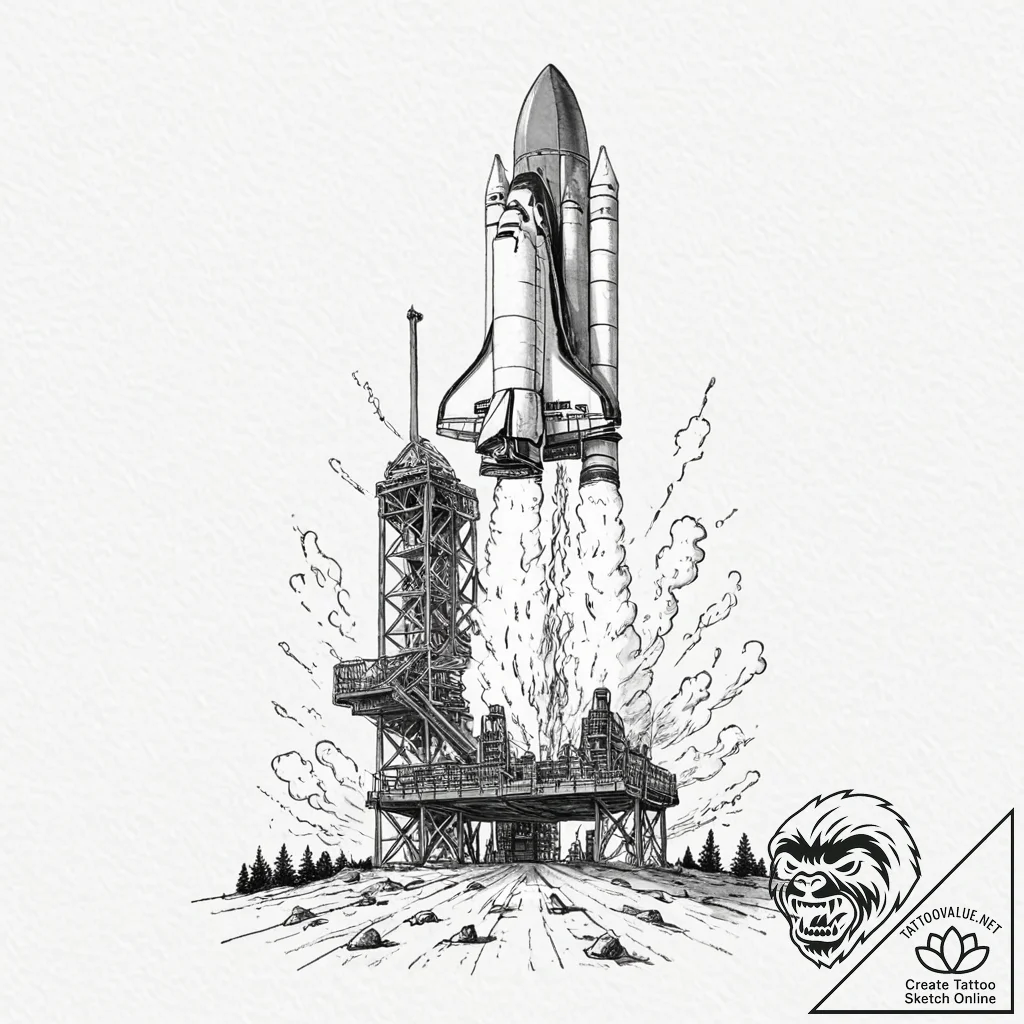 A space shuttle on the launchpad, steam billo... - tattoo sketch (№1752990819_0, 20.07.2025 05:53) — tattoovalue.net