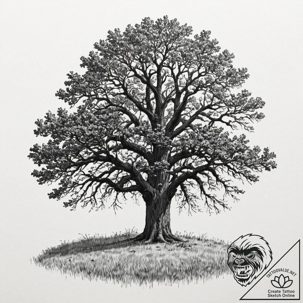 A single, ancient oak tree standing alone in... - tattoo sketch (№1752991073_0, 20.07.2025 05:57) — tattoovalue.net