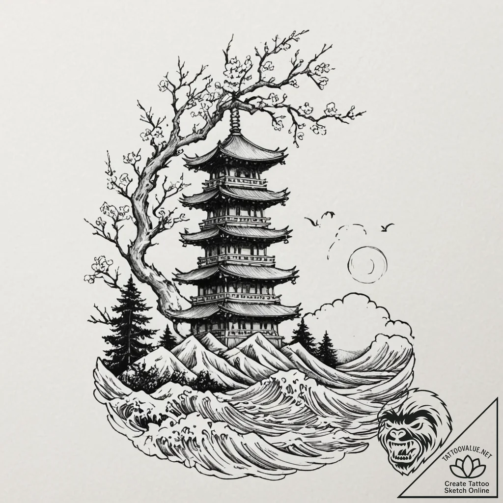 Tattoo sketch a stylized watchtower standing... - tattoo sketch (№1752991750_0, 20.07.2025 06:09) — tattoovalue.net