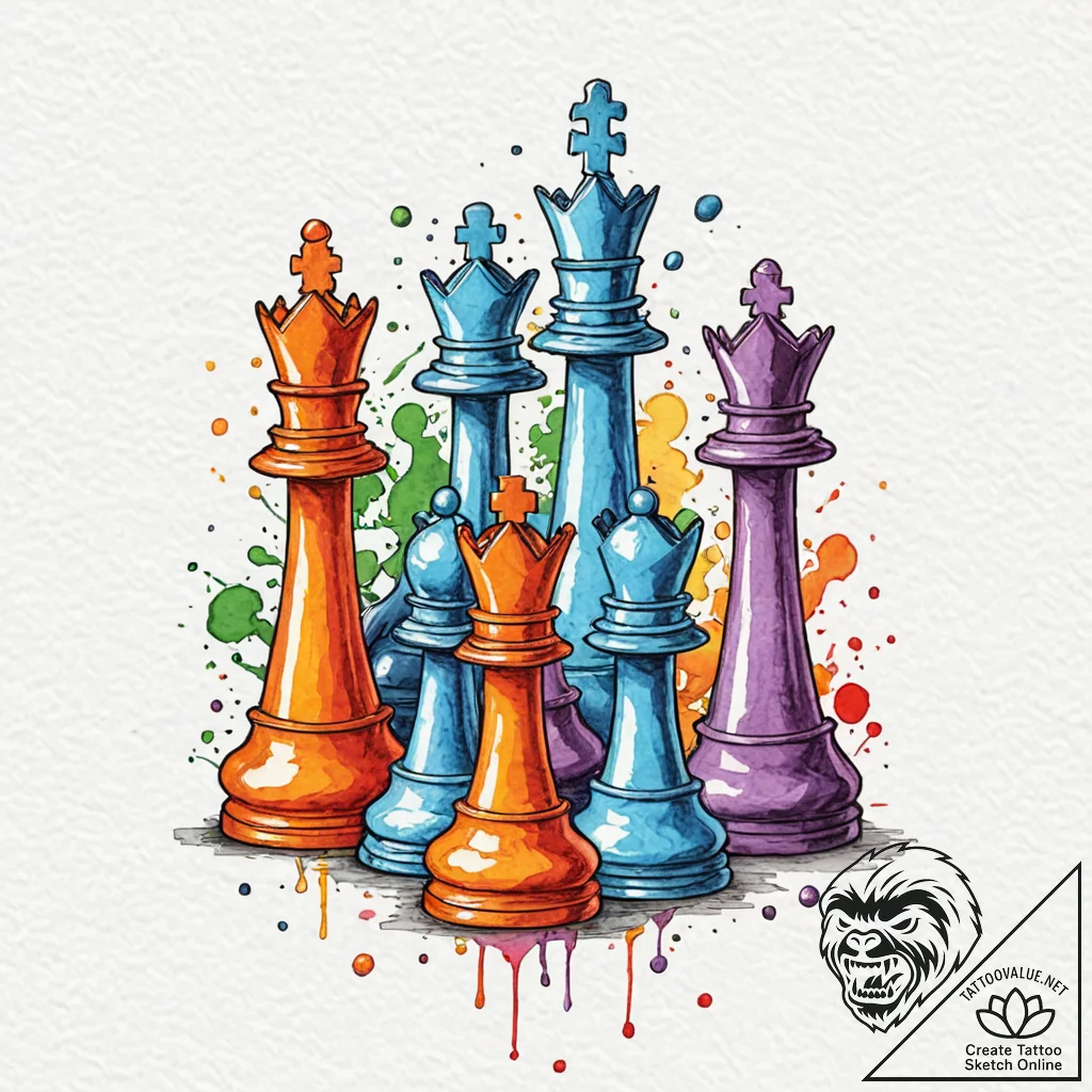 Chess, ink illustration for tattoo, on a clea... - tattoo sketch (№1752992171_0, 20.07.2025 06:16) — tattoovalue.net