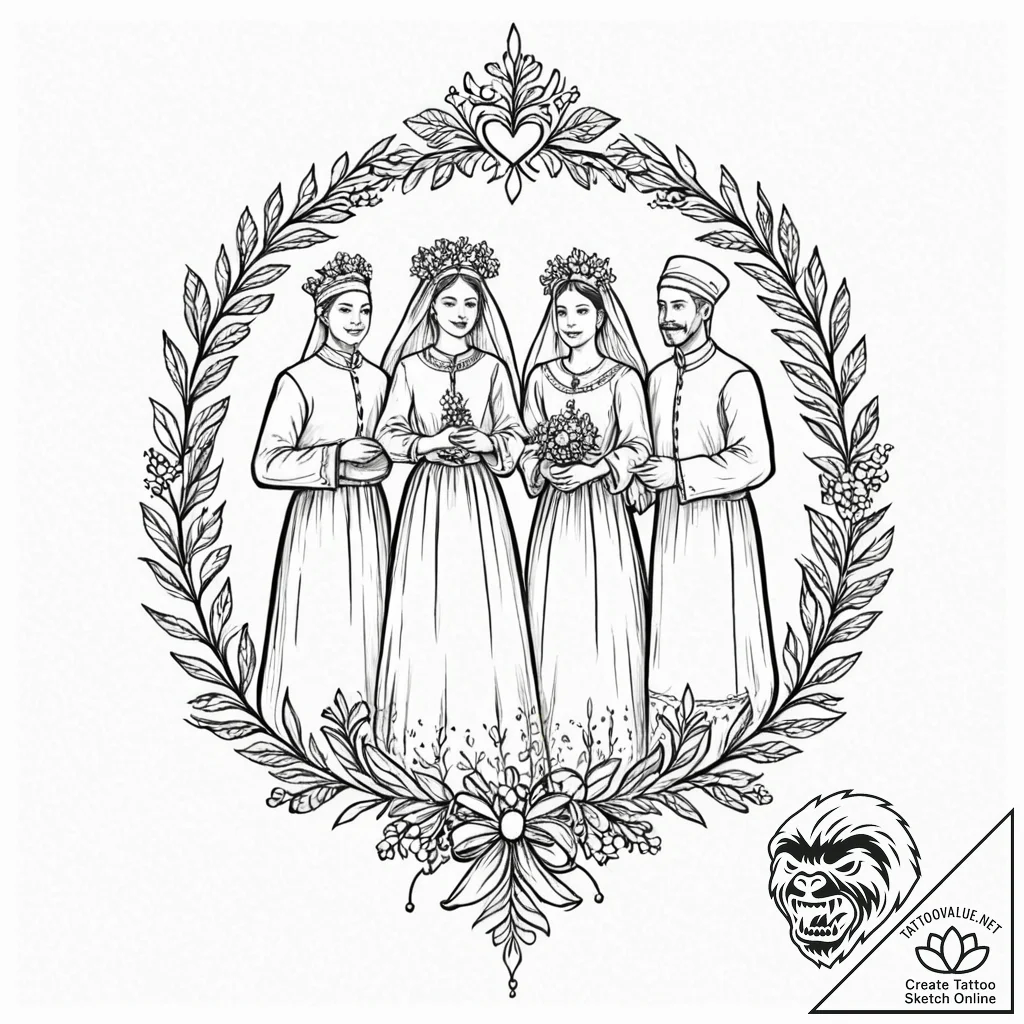 Tattoo sketch: a scene of a joyous slavic wed... - tattoo sketch (№1752992511_0, 20.07.2025 06:21) — tattoovalue.net