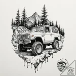 A rugged, mud-splattered 4×4 off-road vehicle… – tattoo sketch (№1752993102_0, 20.07.2025 06:31) — tattoovalue.net