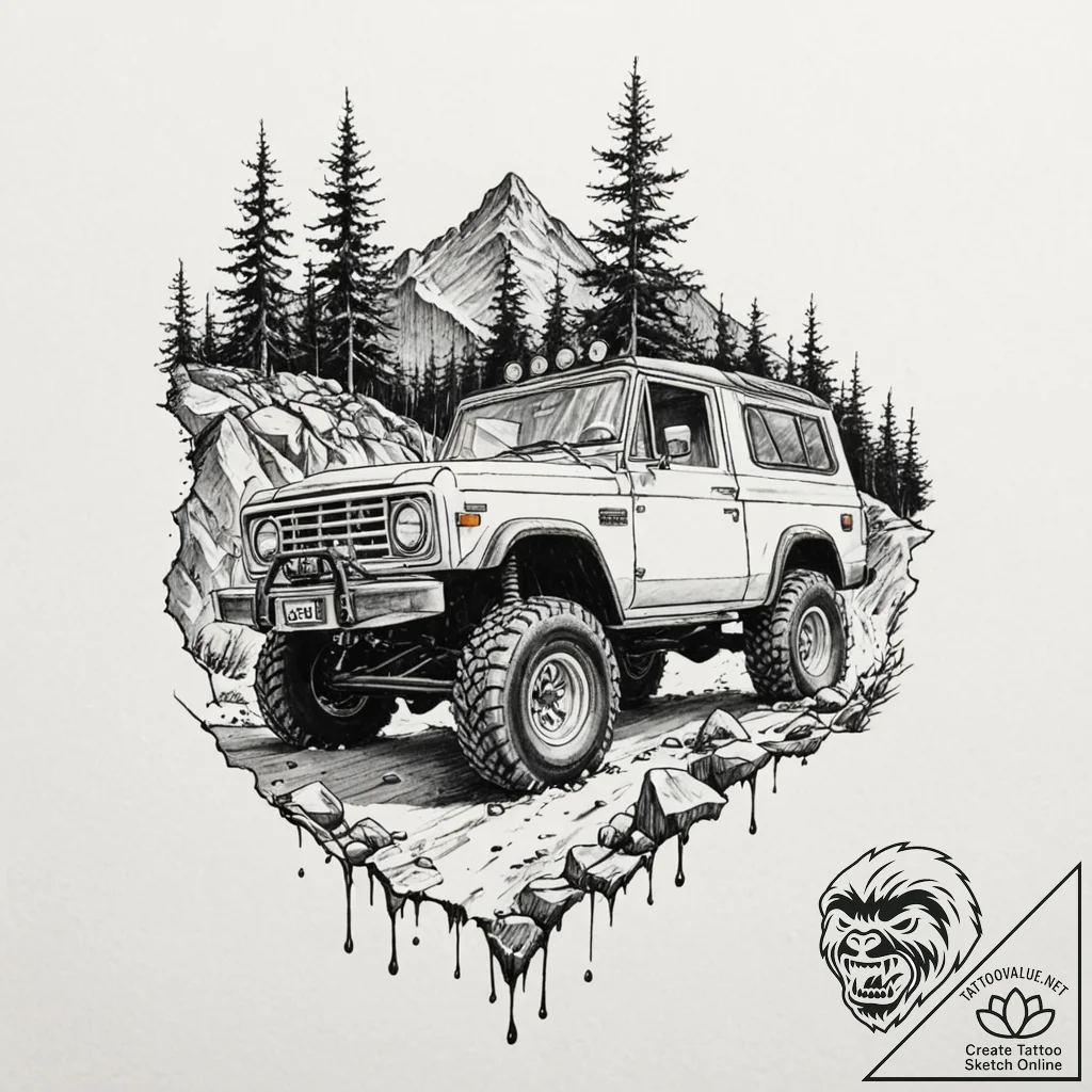 A rugged, mud-splattered 4x4 off-road vehicle... - tattoo sketch (№1752993102_0, 20.07.2025 06:31) — tattoovalue.net