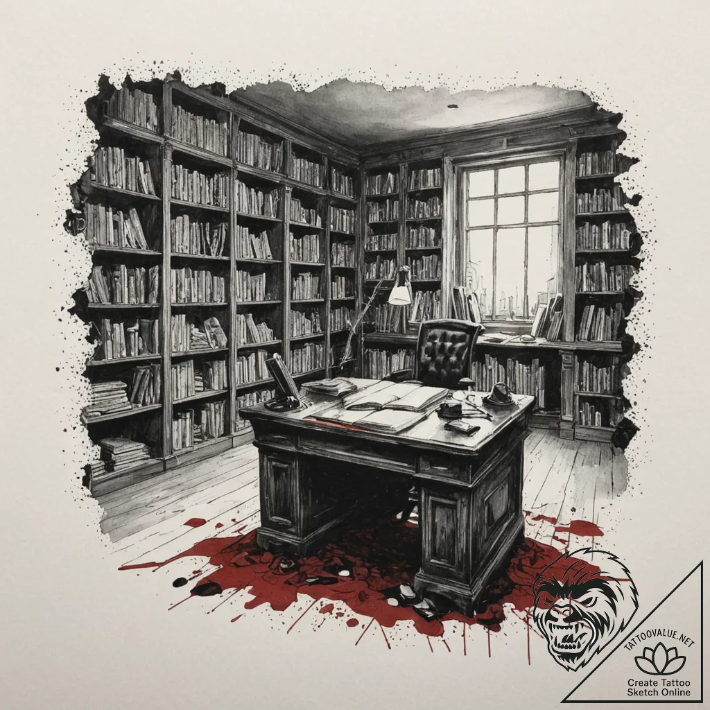 The interior of an old, dusty library at nigh... - tattoo sketch (№1752993862_0, 20.07.2025 06:44) — tattoovalue.net