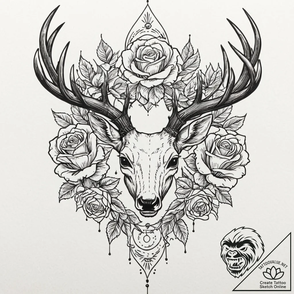 Deer, tattoo drawing outline, chicano tattoo... - tattoo sketch (№1752993947_0, 20.07.2025 06:45) — tattoovalue.net