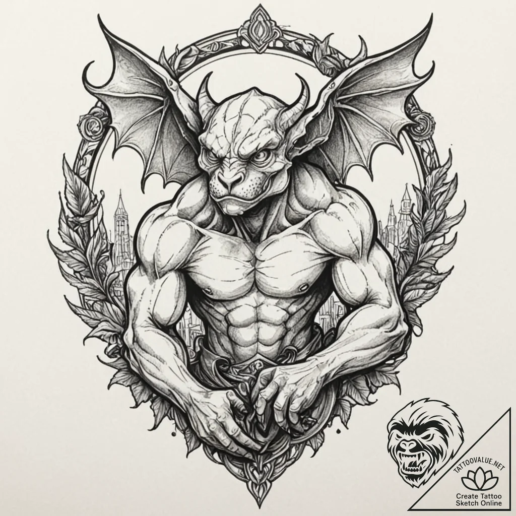 Tattoo sketch a strong, stoic gargoyle statue... - tattoo sketch (№1752998642_0, 20.07.2025 08:04) — tattoovalue.net