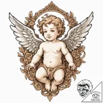 Cherub, tattoo flash sheet design, sepia tone… – tattoo sketch (№1752999401_0, 20.07.2025 08:16) — tattoovalue.net