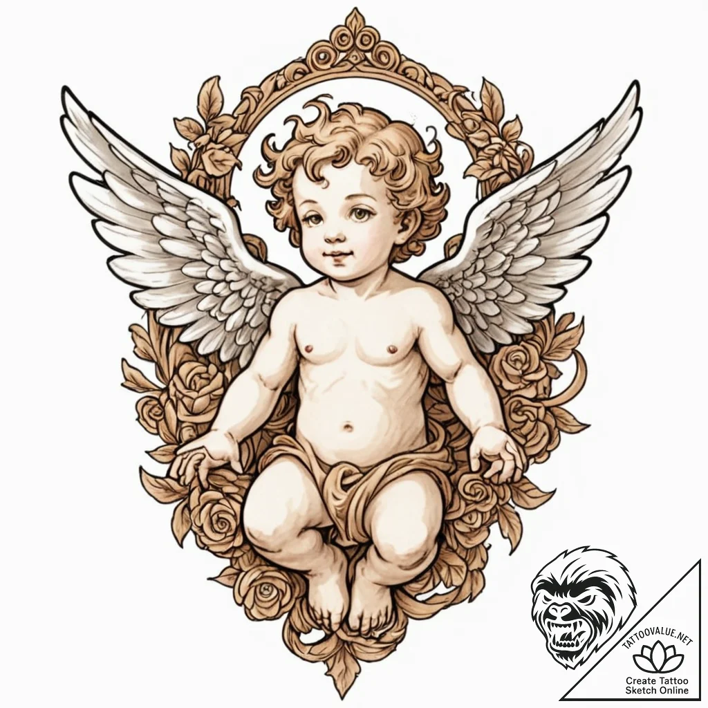 Cherub, tattoo flash sheet design, sepia tone... - tattoo sketch (№1752999401_0, 20.07.2025 08:16) — tattoovalue.net