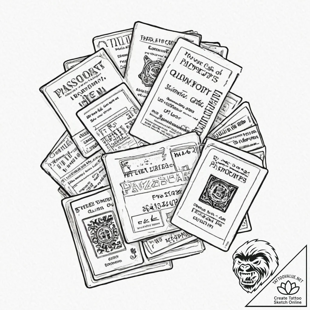A pile of old, worn-out passports., artistic... - tattoo sketch (№1753000413_0, 20.07.2025 08:33) — tattoovalue.net