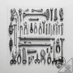 A mechanic’s garage, with tools neatly organi… – tattoo sketch (№1753000498_0, 20.07.2025 08:34) — tattoovalue.net