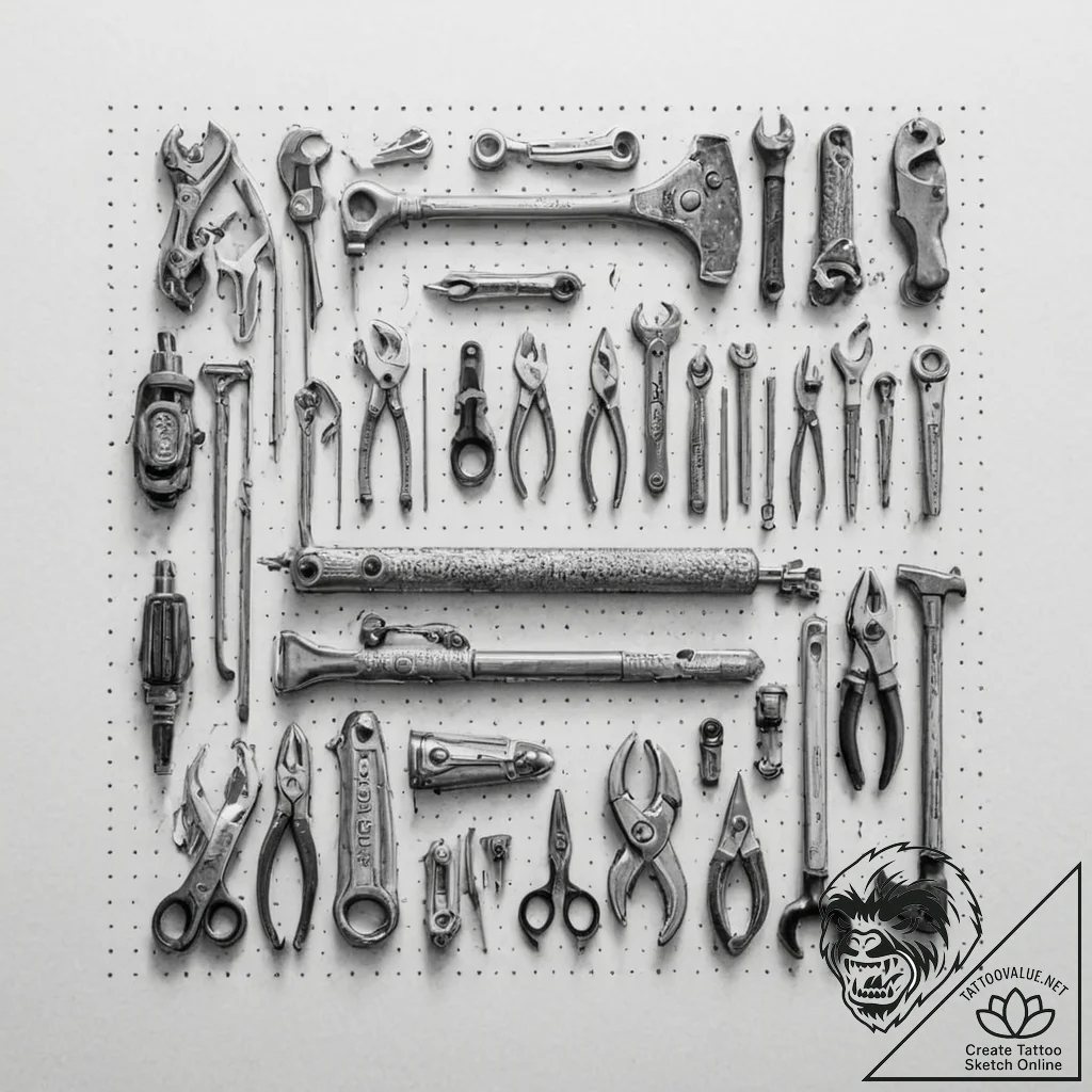 A mechanic's garage, with tools neatly organi... - tattoo sketch (№1753000498_0, 20.07.2025 08:34) — tattoovalue.net