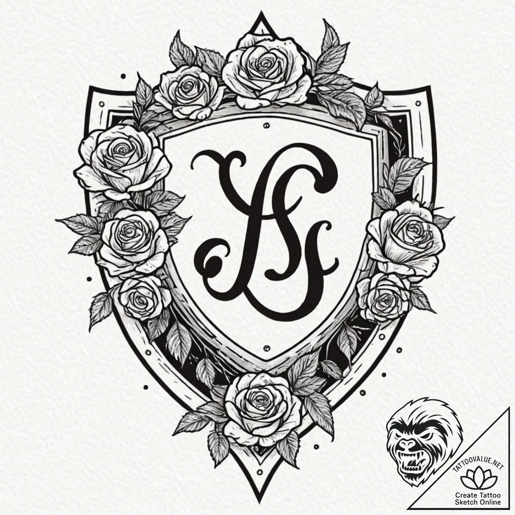 Tattoo design a stylized shield with a family... - tattoo sketch (№1753004556_0, 20.07.2025 09:42) — tattoovalue.net