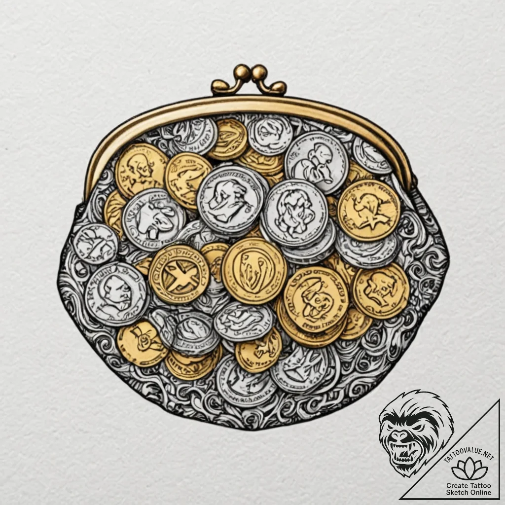Tattoo design a fantasy coin purse overflowin... - tattoo sketch (№1753004887_0, 20.07.2025 09:48) — tattoovalue.net