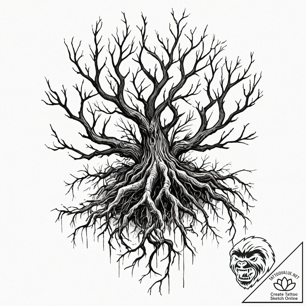 Tattoo sketch a gnarled root system forming a... - tattoo sketch (№1753004969_0, 20.07.2025 09:49) — tattoovalue.net