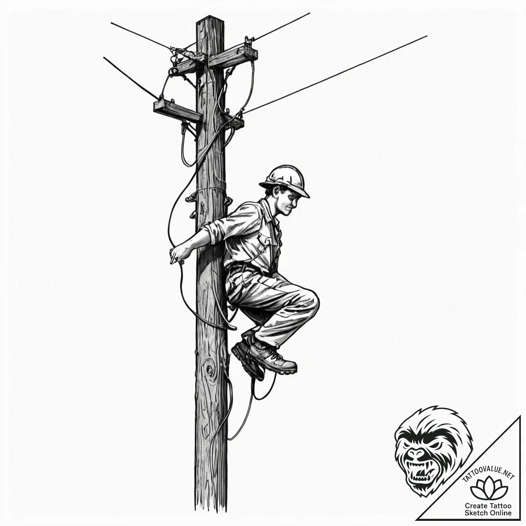 A power line technician working high up on a... - tattoo sketch (№1753005872_0, 20.07.2025 10:04) — tattoovalue.net