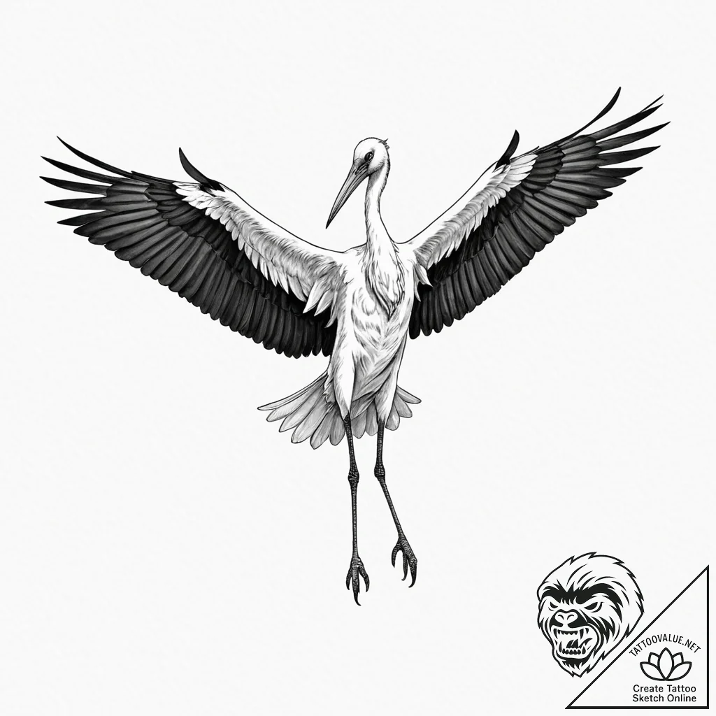 Stork, artistic tattoo sketch, realistic blac... - tattoo sketch (№1753006804_0, 20.07.2025 10:20) — tattoovalue.net