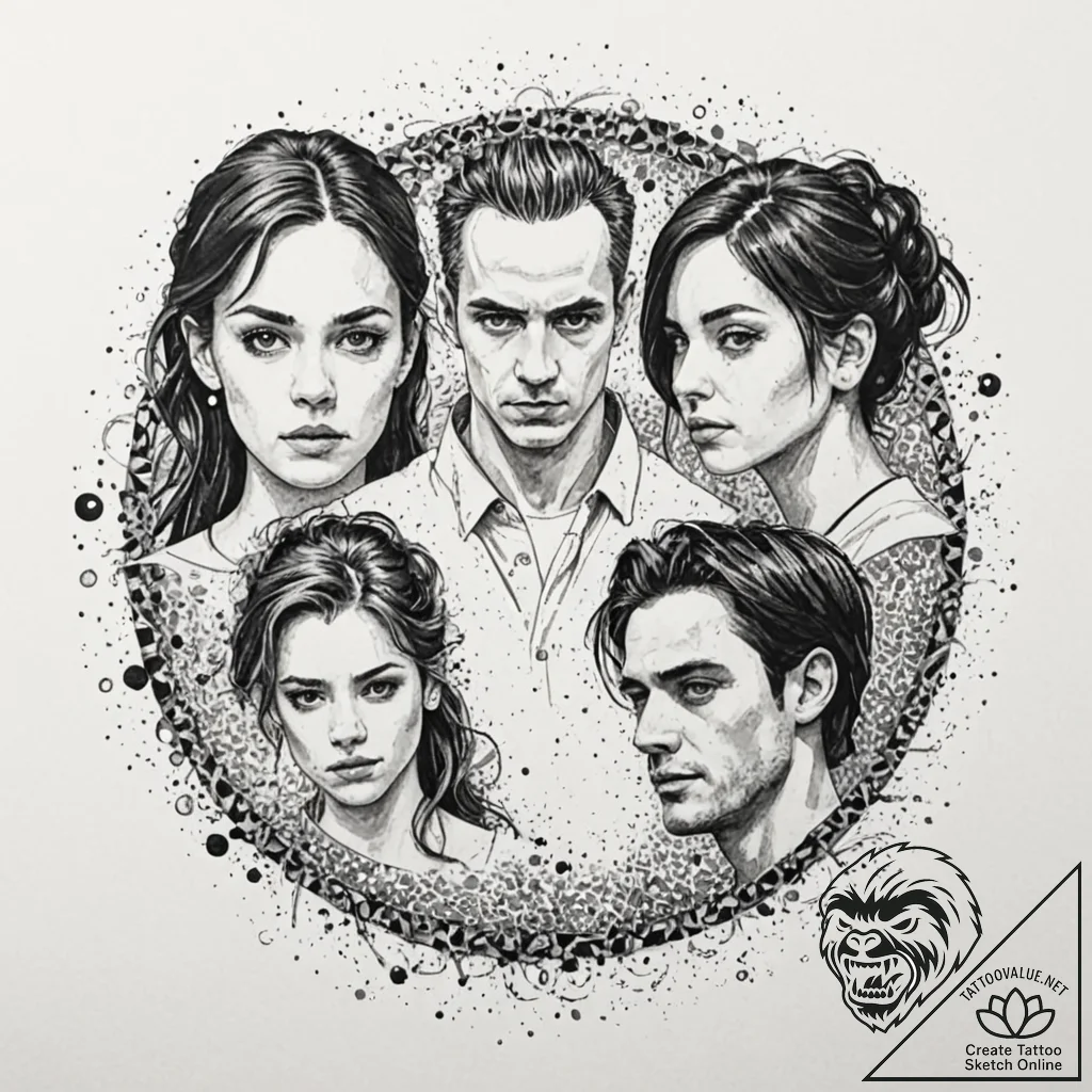A trash polka portrait of the main characters... - tattoo sketch (№1753008153_0, 20.07.2025 10:42) — tattoovalue.net
