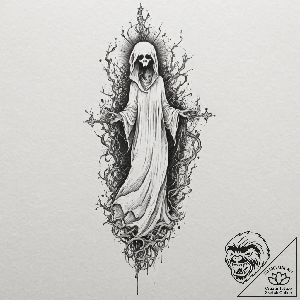 Tattoo design a ghostly specter emerging from... - tattoo sketch (№1753009425_0, 20.07.2025 11:03) — tattoovalue.net