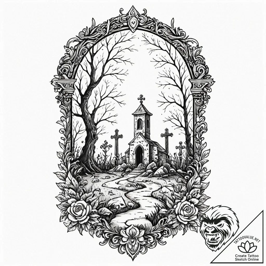 Tattoo sketch a stylized graveyard with a lon... - tattoo sketch (№1753010355_0, 20.07.2025 11:19) — tattoovalue.net