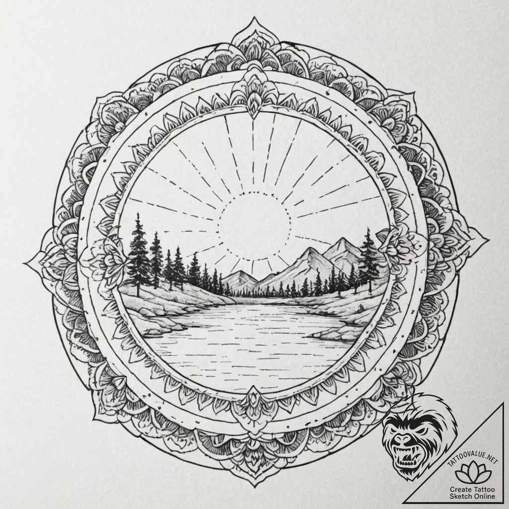 Tattoo design a landscape with a river flowin... - tattoo sketch (№1753010437_0, 20.07.2025 11:20) — tattoovalue.net
