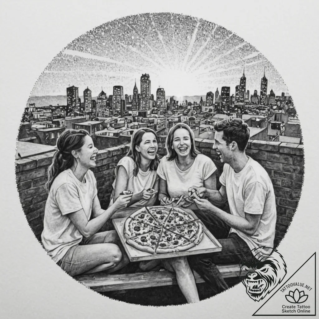 A candid shot of friends sharing a pizza and... - tattoo sketch (№1753011199_0, 20.07.2025 11:33) — tattoovalue.net