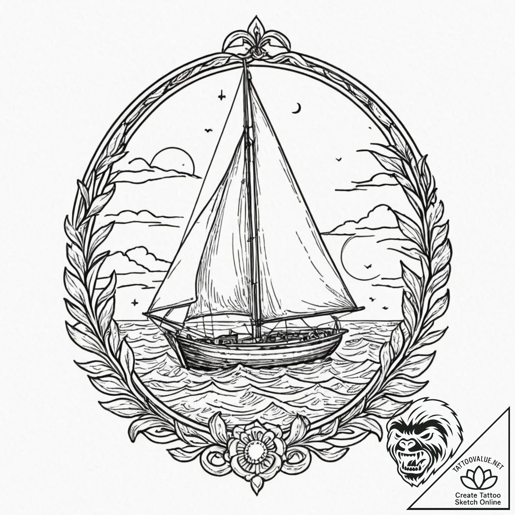 Tattoo sketch a serene ocean scene with a sin... - tattoo sketch (№1753012637_0, 20.07.2025 11:57) — tattoovalue.net