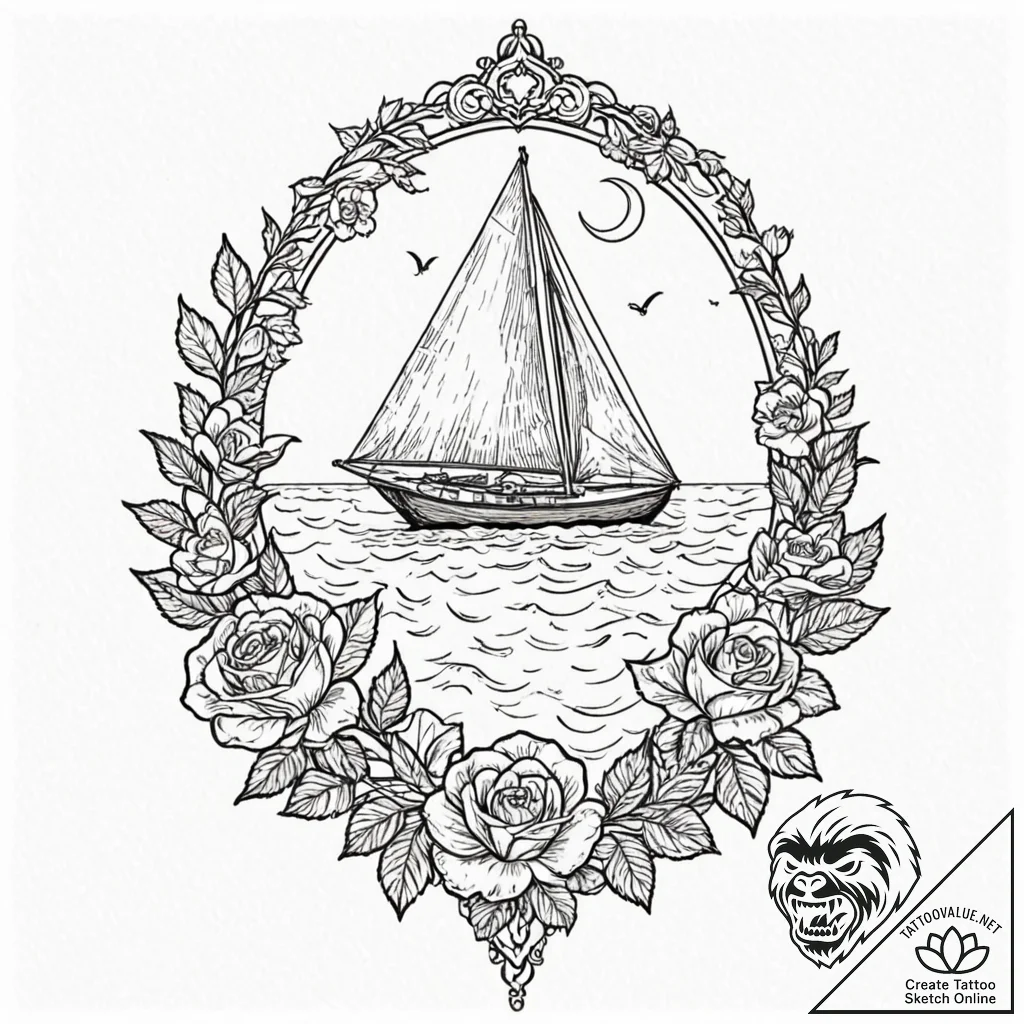 Tattoo sketch a serene ocean scene with a sin... - tattoo sketch (№1753013060_0, 20.07.2025 12:04) — tattoovalue.net