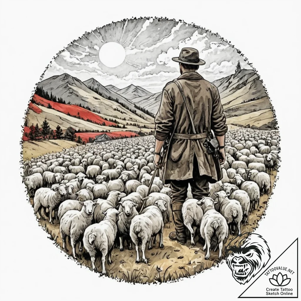 A shot of a shepherd guiding a flock of sheep... - tattoo sketch (№1753013651_0, 20.07.2025 12:14) — tattoovalue.net