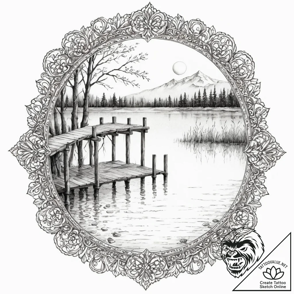 An old wooden pier stretching out into a calm... - tattoo sketch (№1753013989_0, 20.07.2025 12:19) — tattoovalue.net