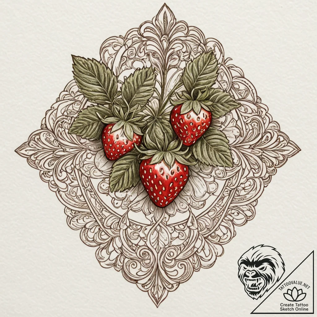 Strawberry, artistic tattoo sketch, sepia ton... - tattoo sketch (№1753014667_0, 20.07.2025 12:31) — tattoovalue.net