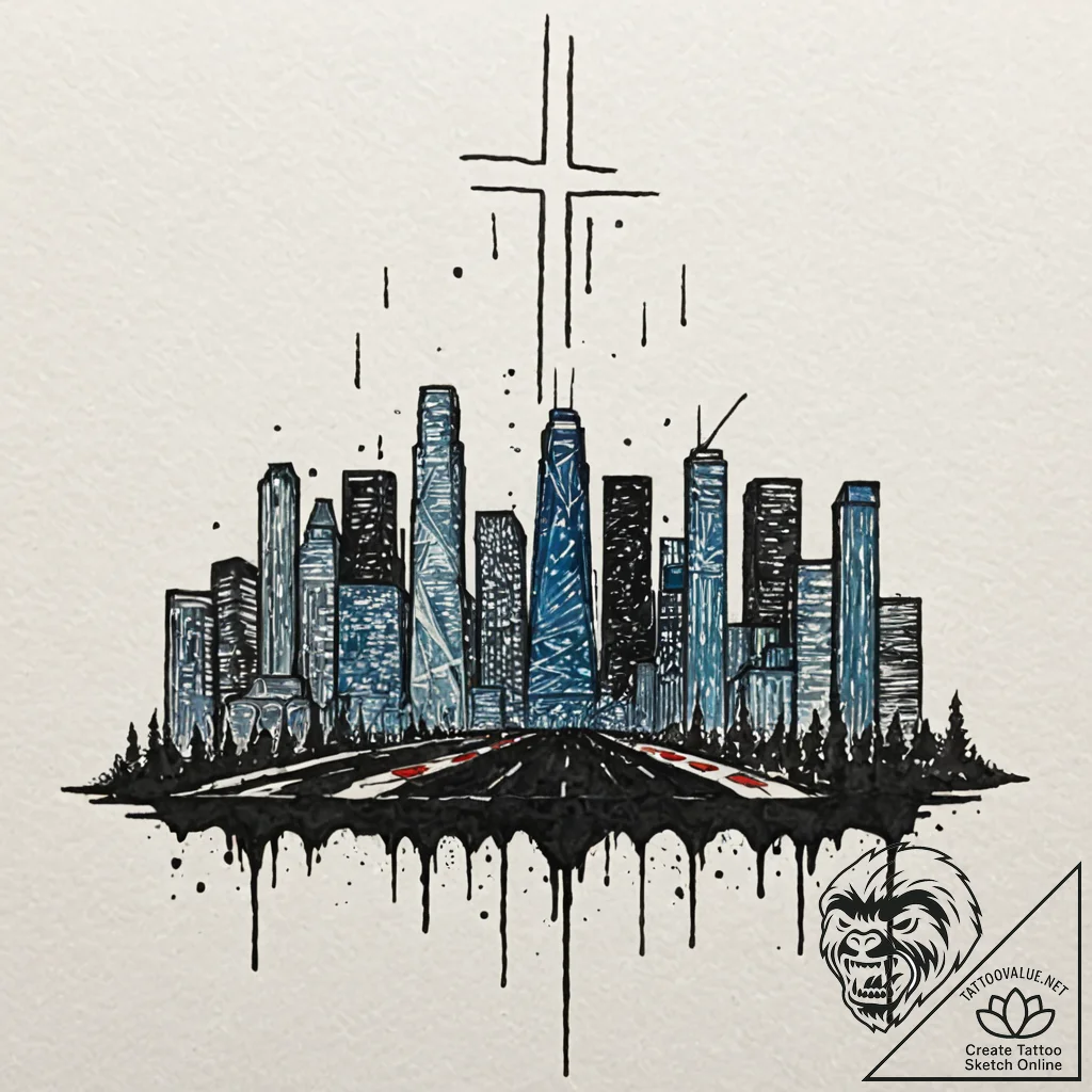 Watercolor sketch of neo-los angeles skyline... - tattoo sketch (№1753014920_0, 20.07.2025 12:35) — tattoovalue.net