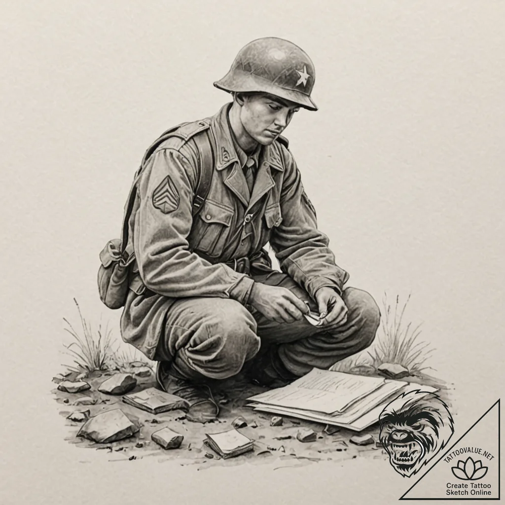 A world war ii soldier writing a letter home... - tattoo sketch (№1753015341_0, 20.07.2025 12:42) — tattoovalue.net