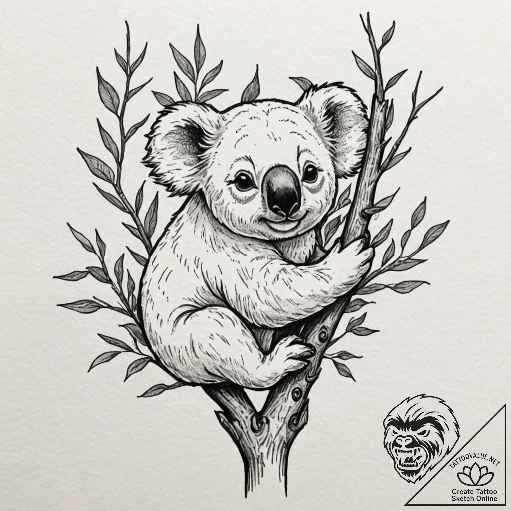 A sleepy koala clinging to a eucalyptus tree... - tattoo sketch (№1753016352_0, 20.07.2025 12:59) — tattoovalue.net