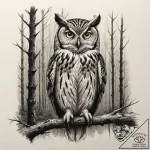 A wise-looking owl perched on a branch in a d… – tattoo sketch (№1753016601_0, 20.07.2025 13:03) — tattoovalue.net